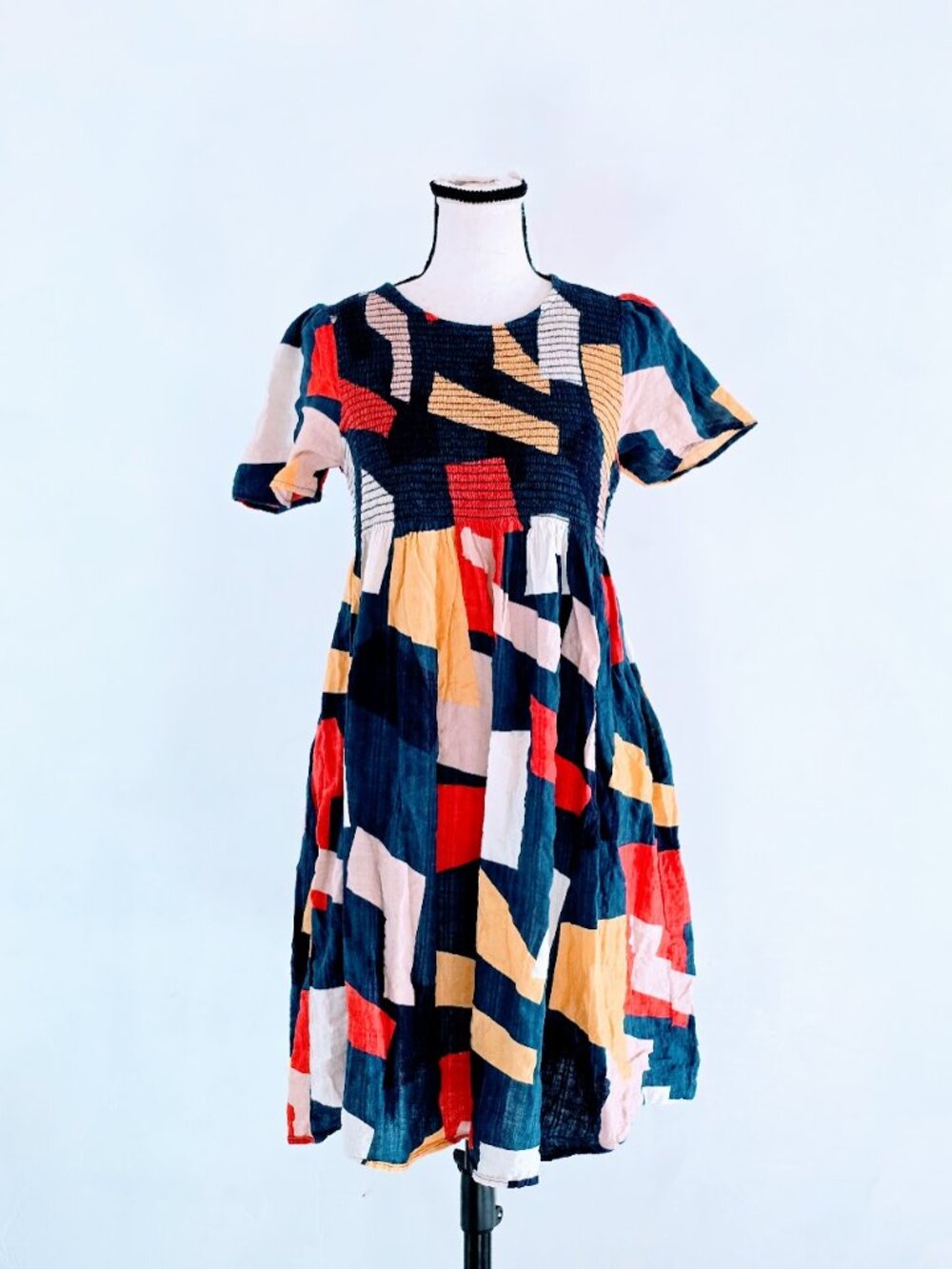 Emberley Co Geometric Colorblock Smocked Mini Dress Size Small EUC